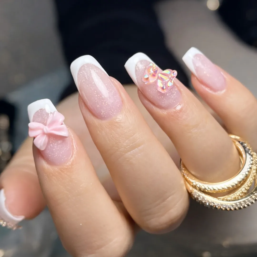 Pink French with 3D bow accents