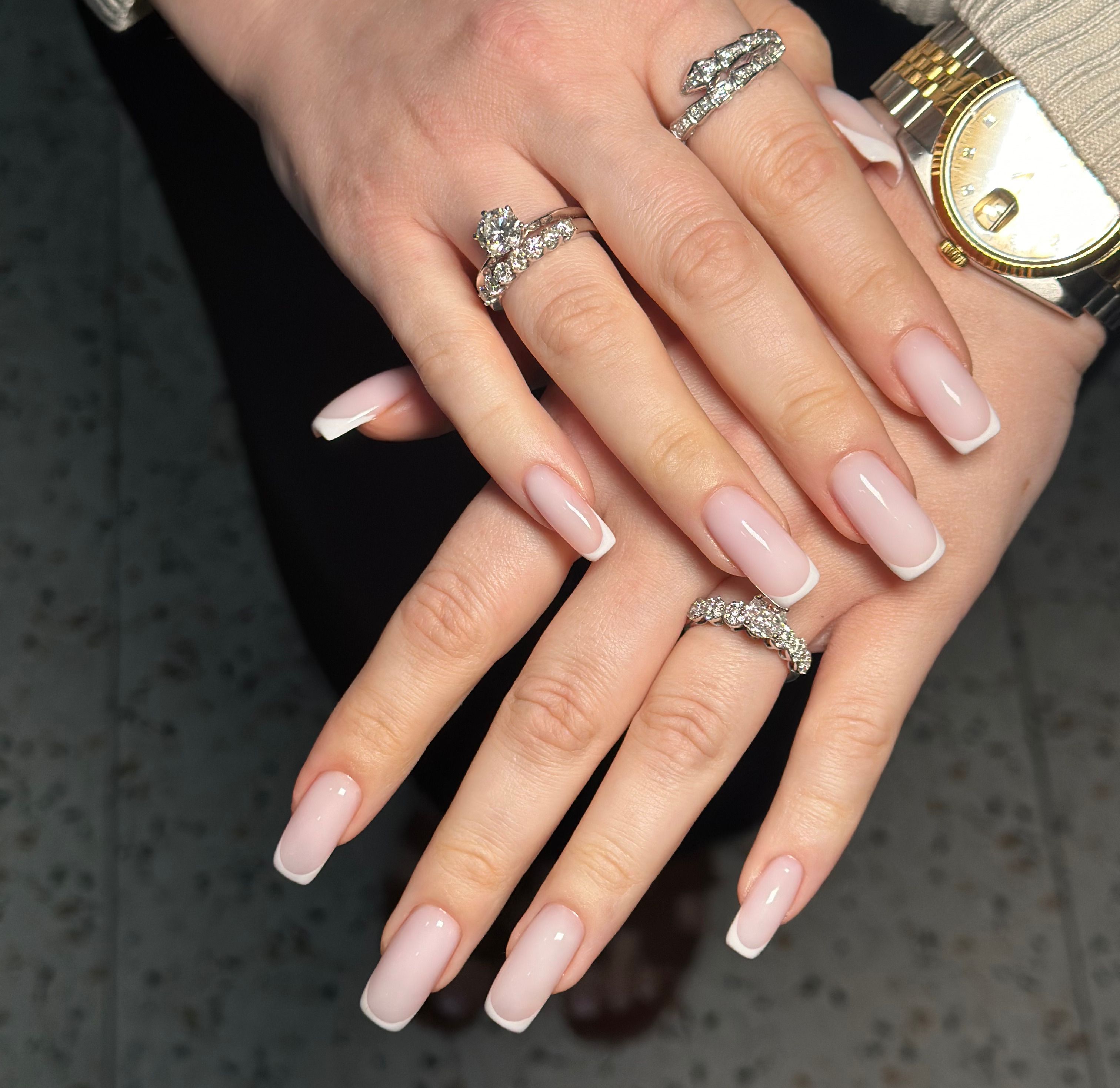 Russian hardware manicure result — French gelish on square nails